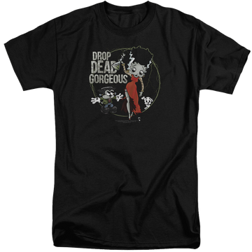 Black men's tall fit t-shirt with Betty Boop Drop Dead Gorgeous graphic