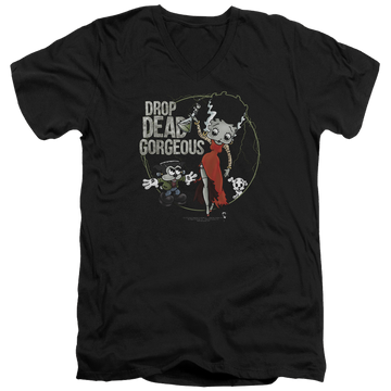 Black men's v-neck t-shirt with Betty Boop Drop Dead Gorgeous graphic