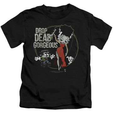 Black kid's t-shirt for ages 4 to 7 with Betty Boop Drop Dead Gorgeous graphic