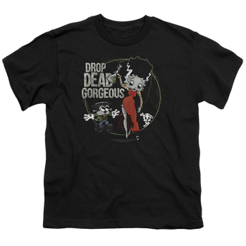 Black youth t-shirt for ages 8 to 12 with Betty Boop Drop Dead Gorgeous graphic