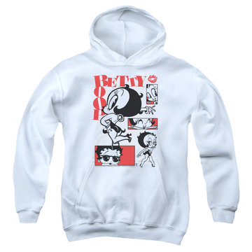White youth hoodie for ages 8 to 12 with Betty Boop Stylin Snaps graphic