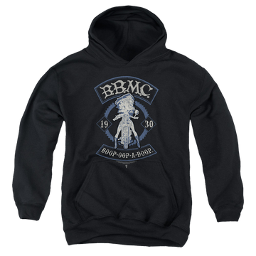 Black youth hoodie for ages 8 to 12 with Betty Boop B.B.M.C. graphic
