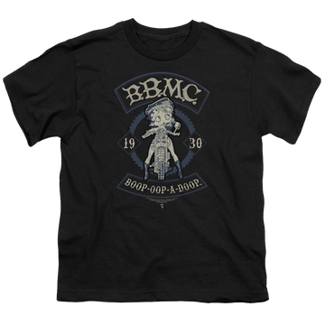 Black youth t-shirt for ages 8 to 12 with Betty Boop B.B.M.C. graphic