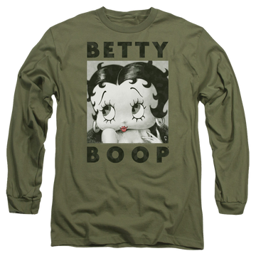 Military green men's long sleeve t-shirt with Betty Boop Camo Glamour graphic