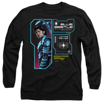 Black men's long sleeve t-shirt with BLUE BEETLE (2023) Data Read Out graphic