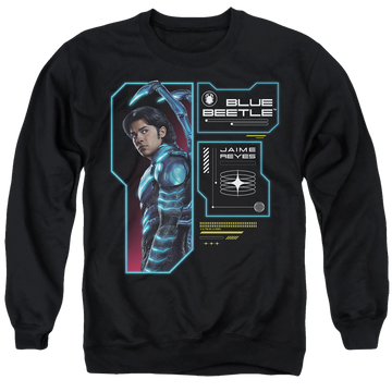 Black men's crewneck sweatshirt with BLUE BEETLE (2023) Data Read Out graphic