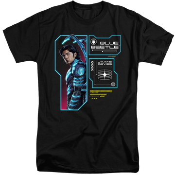 Black men's tall fit t-shirt with BLUE BEETLE (2023) Data Read Out graphic