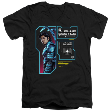 Black men's v-neck t-shirt with BLUE BEETLE (2023) Data Read Out graphic