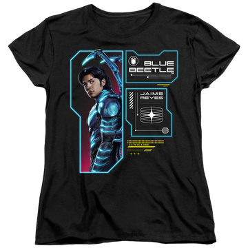 Black women's t-shirt with BLUE BEETLE (2023) Data Read Out graphic