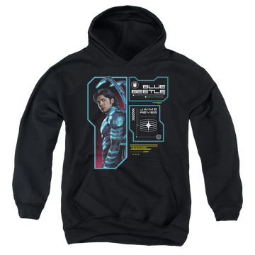 Black youth hoodie for ages 8 to 12 with BLUE BEETLE (2023) Data Read Out graphic