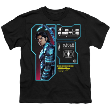 Black youth t-shirt for ages 8 to 12 with BLUE BEETLE (2023) Data Read Out graphic
