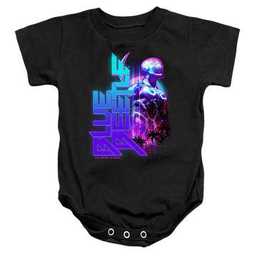 Black baby bodysuit with BLUE BEETLE (2023) Lightning graphic