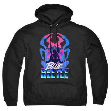 Black pullover hoodie with BLUE BEETLE (2023) Silhouette graphic