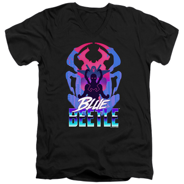 Black men's v-neck t-shirt with BLUE BEETLE (2023) Silhouette graphic