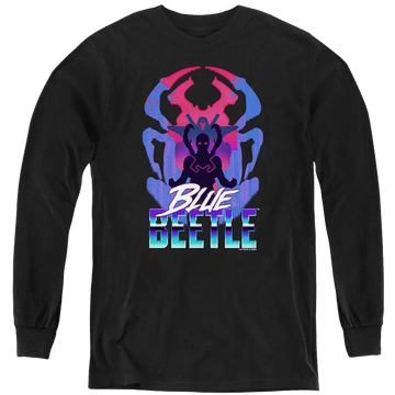 Black youth long sleeve t-shirt with BLUE BEETLE (2023) Silhouette graphic