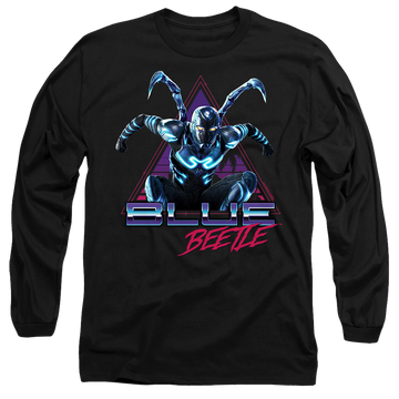 Black men's long sleeve t-shirt with BLUE BEETLE (2023) Leaping Triangle graphic