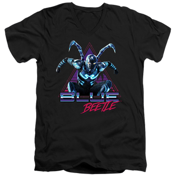 Black men's v-neck t-shirt with BLUE BEETLE (2023) Leaping Triangle graphic