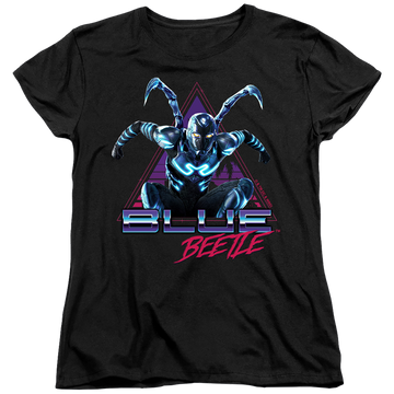 Black women's t-shirt with BLUE BEETLE (2023) Leaping Triangle graphic