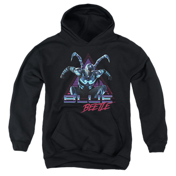 Black youth hoodie for ages 8 to 12 with BLUE BEETLE (2023) Leaping Triangle graphic