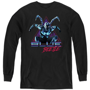 Black youth long sleeve t-shirt with BLUE BEETLE (2023) Leaping Triangle graphic