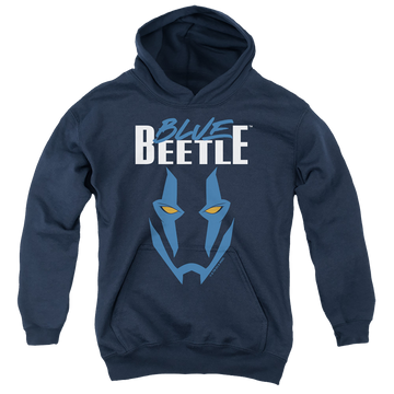 Navy youth hoodie for ages 8 to 12 with BLUE BEETLE (2023) Mask graphic