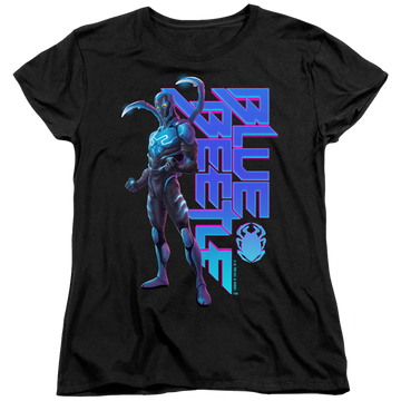 Black women's t-shirt with BLUE BEETLE (2023) Standing graphic