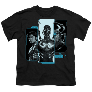 Black youth t-shirt for ages 8 to 12 with BLUE BEETLE (2023) Host Reyes graphic