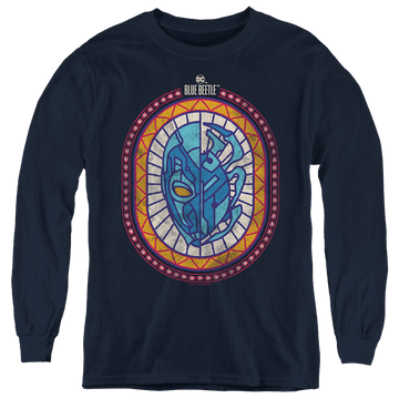 Navy youth long sleeve t-shirt with BLUE BEETLE (2023) Reyes Courage graphic