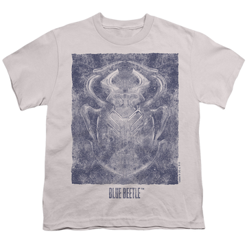Silver youth t-shirt for ages 8 to 12 with BLUE BEETLE (2023) Relic Beetle graphic