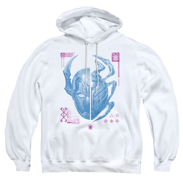 White pullover hoodie with BLUE BEETLE (2023) Split Beetle graphic