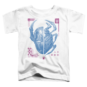 White toddler t-shirt with BLUE BEETLE (2023) Split Beetle graphic