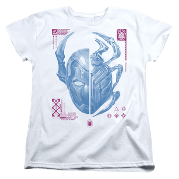 White women's t-shirt with BLUE BEETLE (2023) Split Beetle graphic