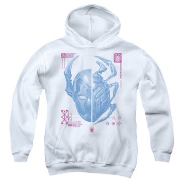 White youth hoodie for ages 8 to 12 with BLUE BEETLE (2023) Split Beetle graphic