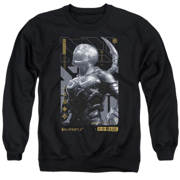 Black men's crewneck sweatshirt with BLUE BEETLE (2023) Beetle Heads Up graphic