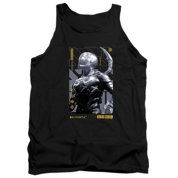 Black men's tank with BLUE BEETLE (2023) Beetle Heads Up graphic