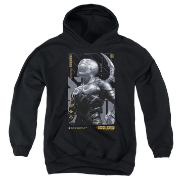 Black youth hoodie for ages 8 to 12 with BLUE BEETLE (2023) Beetle Heads Up graphic