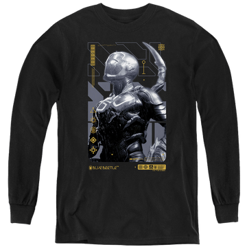 Black youth long sleeve t-shirt with BLUE BEETLE (2023) Beetle Heads Up graphic