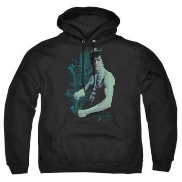 Black pullover hoodie with Bruce Lee Feel graphic