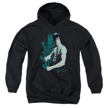 Black youth hoodie for ages 8 to 12 with Bruce Lee Feel graphic