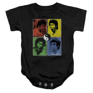 Black baby bodysuit with Bruce Lee Enter Color Block graphic