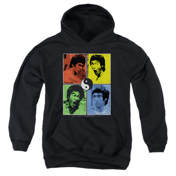 Black youth hoodie for ages 8 to 12 with Bruce Lee Enter Color Block graphic