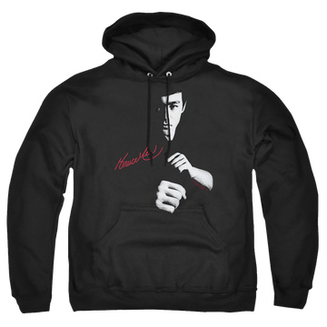 Black pullover hoodie with Bruce Lee The Dragon Awaits graphic