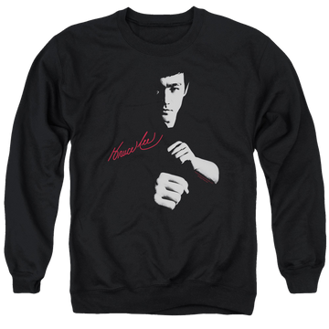 Black men's crewneck sweatshirt with Bruce Lee The Dragon Awaits graphic