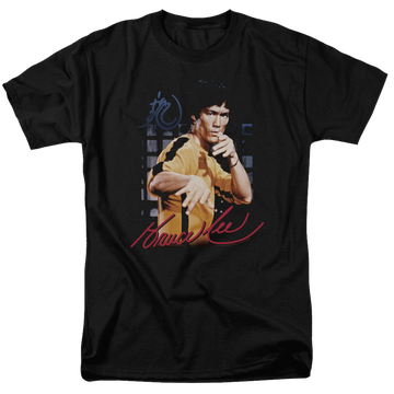 Black men's regular fit t-shirt with Bruce Lee Yellow Jumpsuit graphic