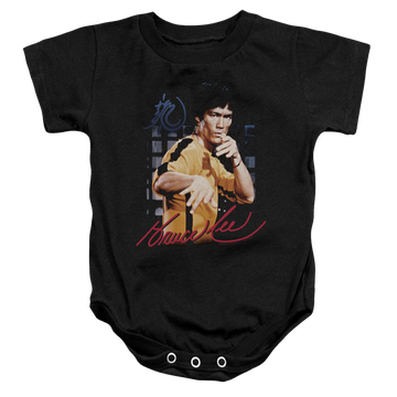 Black baby bodysuit with Bruce Lee Yellow Jumpsuit graphic