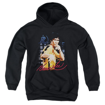 Black youth hoodie for ages 8 to 12 with Bruce Lee Yellow Jumpsuit graphic