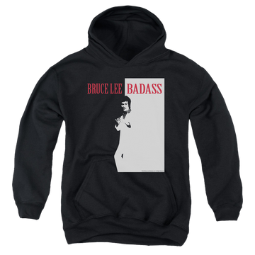 Black youth hoodie for ages 8 to 12 with Bruce Lee Badass graphic