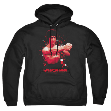 Black pullover hoodie with Bruce Lee The Shattering Fist graphic