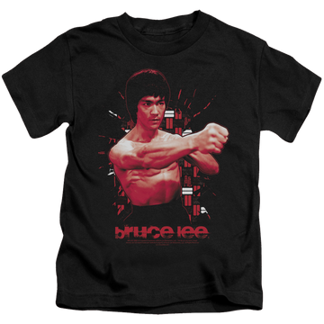 Black kid's t-shirt for ages 4 to 7 with Bruce Lee The Shattering Fist graphic