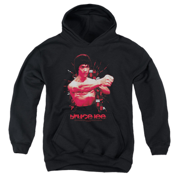 Black youth hoodie for ages 8 to 12 with Bruce Lee The Shattering Fist graphic